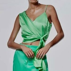 Zara Emerald Assymetrical Satin Top Size S